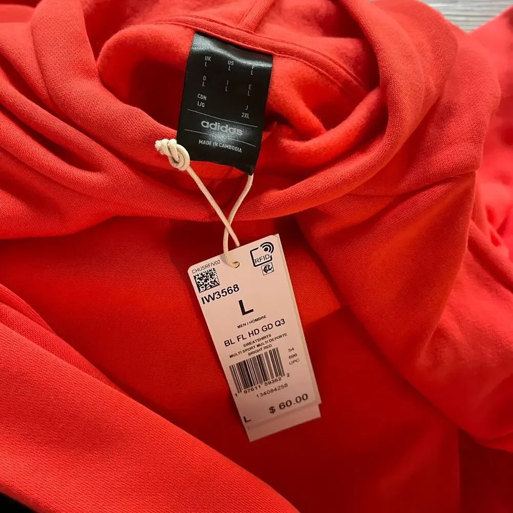 Adidas Mens L‎ Long Sleeve Hoodie Bright Red Fleece Sporty Athleisure